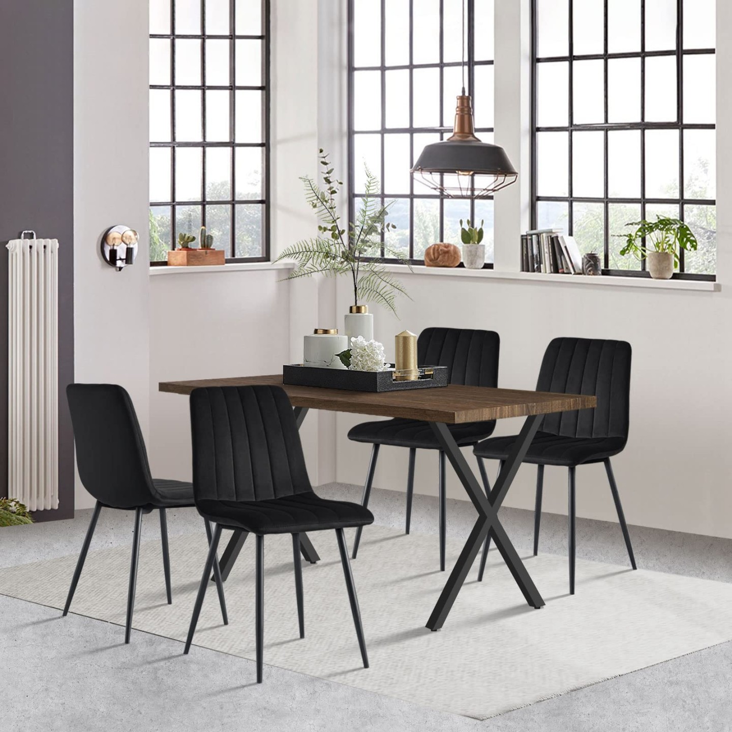 Esstisch mit  Stühlen Set  Rechteckiger Küchentisch, Rustikal Braun  Tisch, Küchentisch und  stühlen, Schwarz Esszimmerstühle Essgruppe, Samt